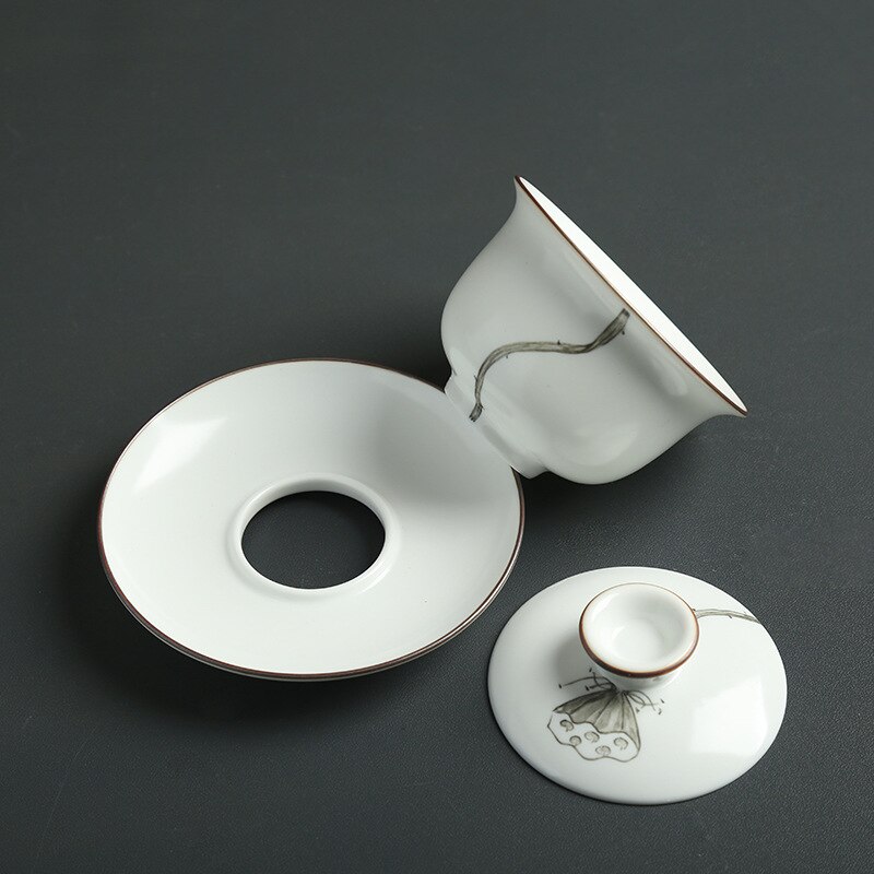 Håndmalet lotus keramik porcelæn gaiwan kinesisk kung fu te sæt testel terrin sancai te kop pu'er kedel