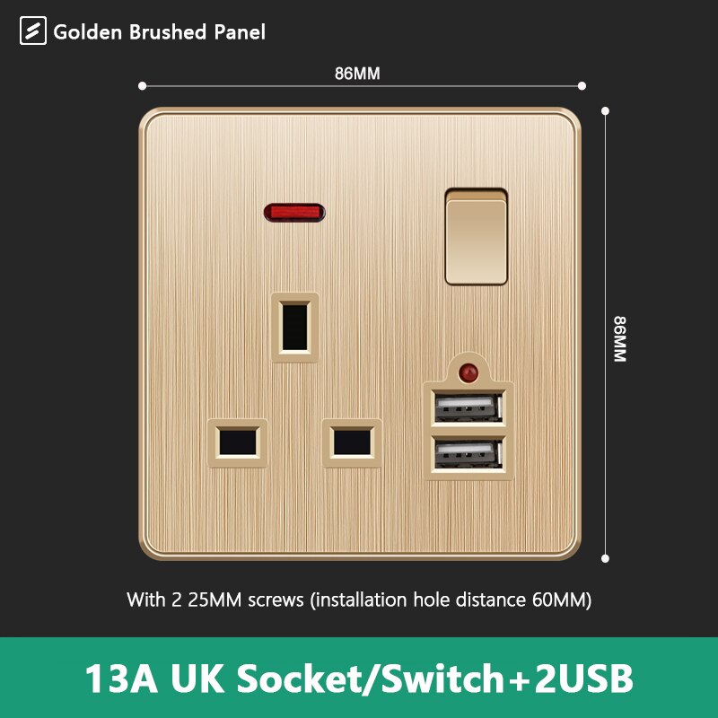 Atlectric UK Standard 13A Wall Socket Black White Gray Plastic Embedded Panel Usb Socket With Switch 110-250V Two Britain Outlet: 1UK2U1GL-LSG