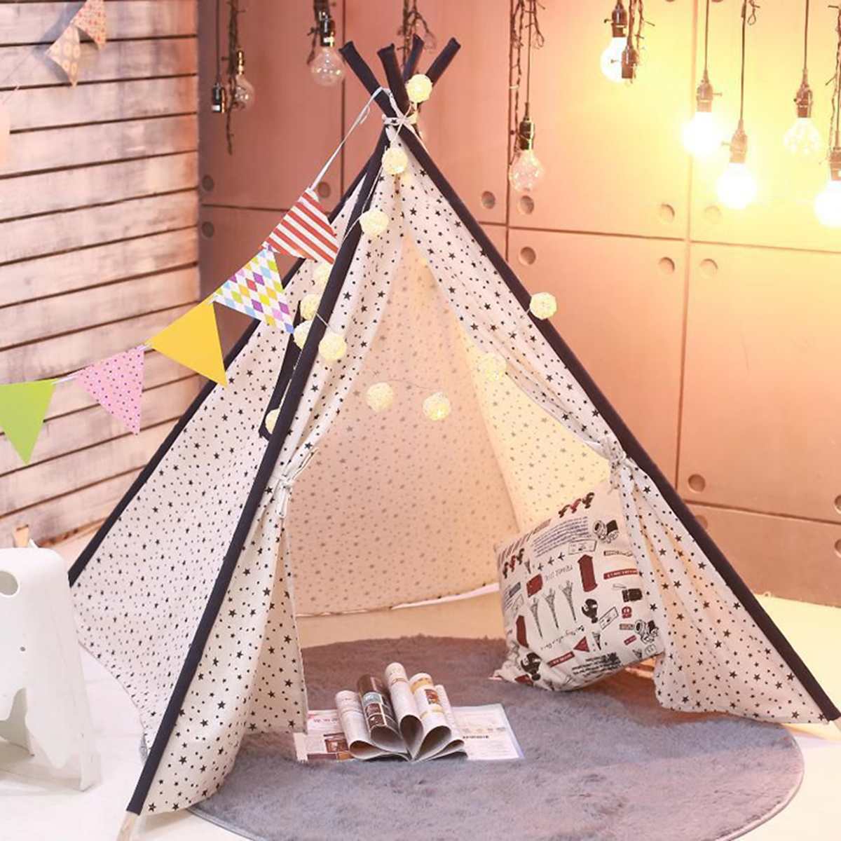 1.35/1.65M Draagbare Kinderen Tenten Speelhuis Kinderen Katoen Canvas Indian Spelen Tent Wigwam Kind Little Teepee kamer Decoratie