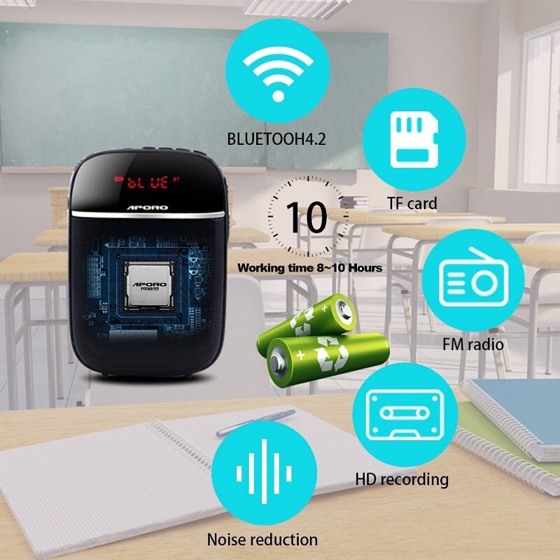 Aporo T2 Portable Voice amplifier with Wireless Microphone Bluetooth HIFI Amplifier/speaker MINI Loudspeaker For teachers class