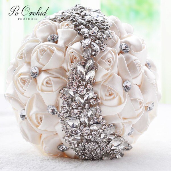 PEORCHID De cristal rojo ramo De la boda Flores para novia Rosa De satén rosa/Borgoña De Ramos De Flores Novias diamante broche De ramillete nupcial: Cream White