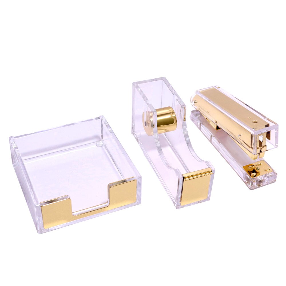 Clear Acrylic Gold Tape Dispenser Stapler with Staples Pen Holder Office Supplies Desktop Accessories Organizer Stationery Set