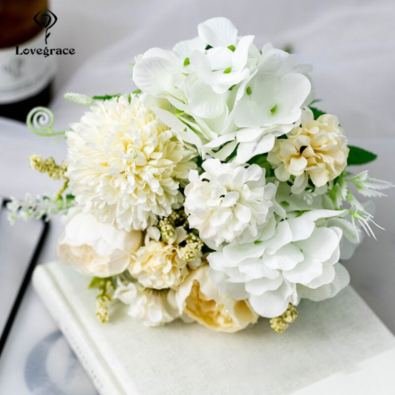 Bouquet de mariage Lovegrace soie artificielle Rose pivoine fleur mariée Bouquet Rose hortensia pompon bourgeon vanille épi fourniture de mariage: peony-white