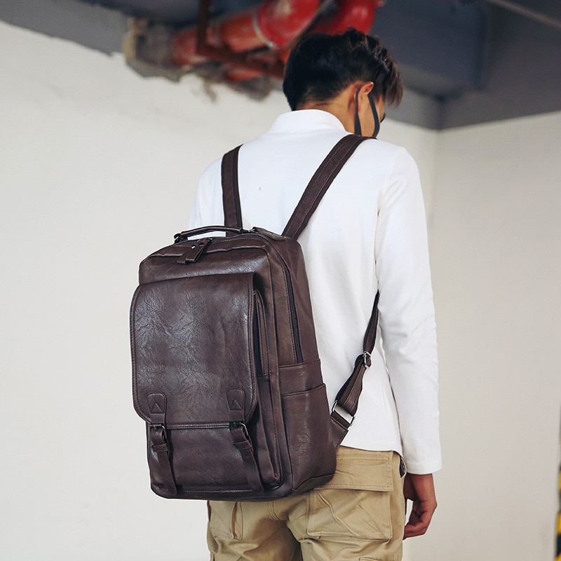 Vintage Laptop Rugzak Mannen Waterdichte Bagpack Kaki Reizen Mannen Tas Pu Lederen Rugzakken Grote Capaciteit Mannelijke Mochila Tassen Voor Mannen