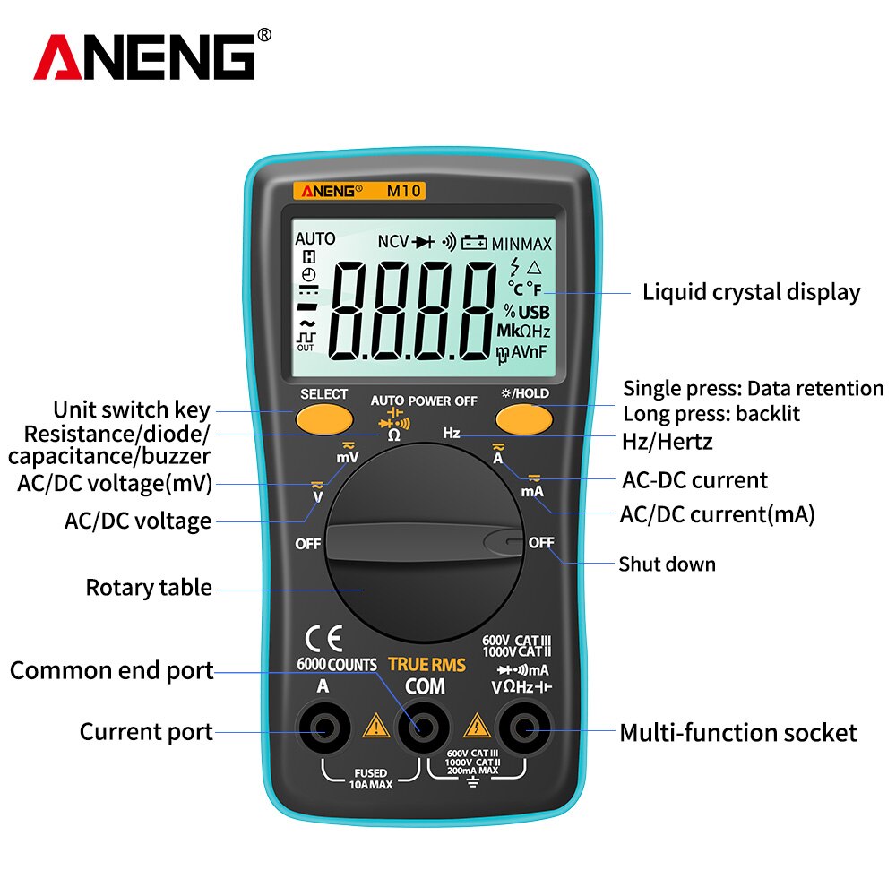 ANENG M10 Digital Multimeter Transistor Tester Analog 6000 counts Multimetro Profesional Capacitor Inductance Meter rm101/zt102