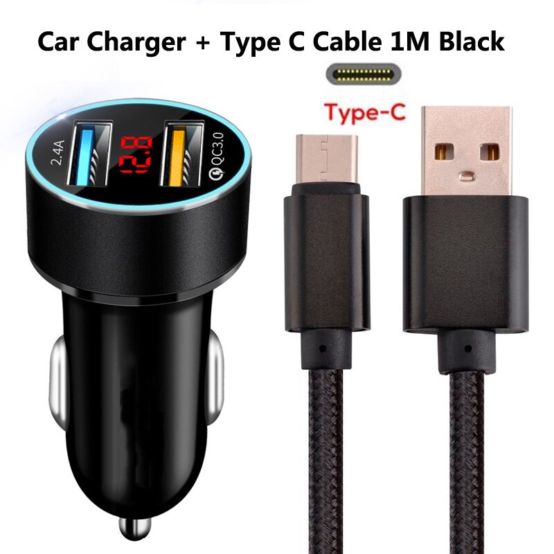 Cable USB de teléfono tipo C para Huawei P20, P30, P40 Pro, Mate 20, 30 Pro, Redmi Note 8, 9, QC 3,0, cargador de coche: A Set of Black