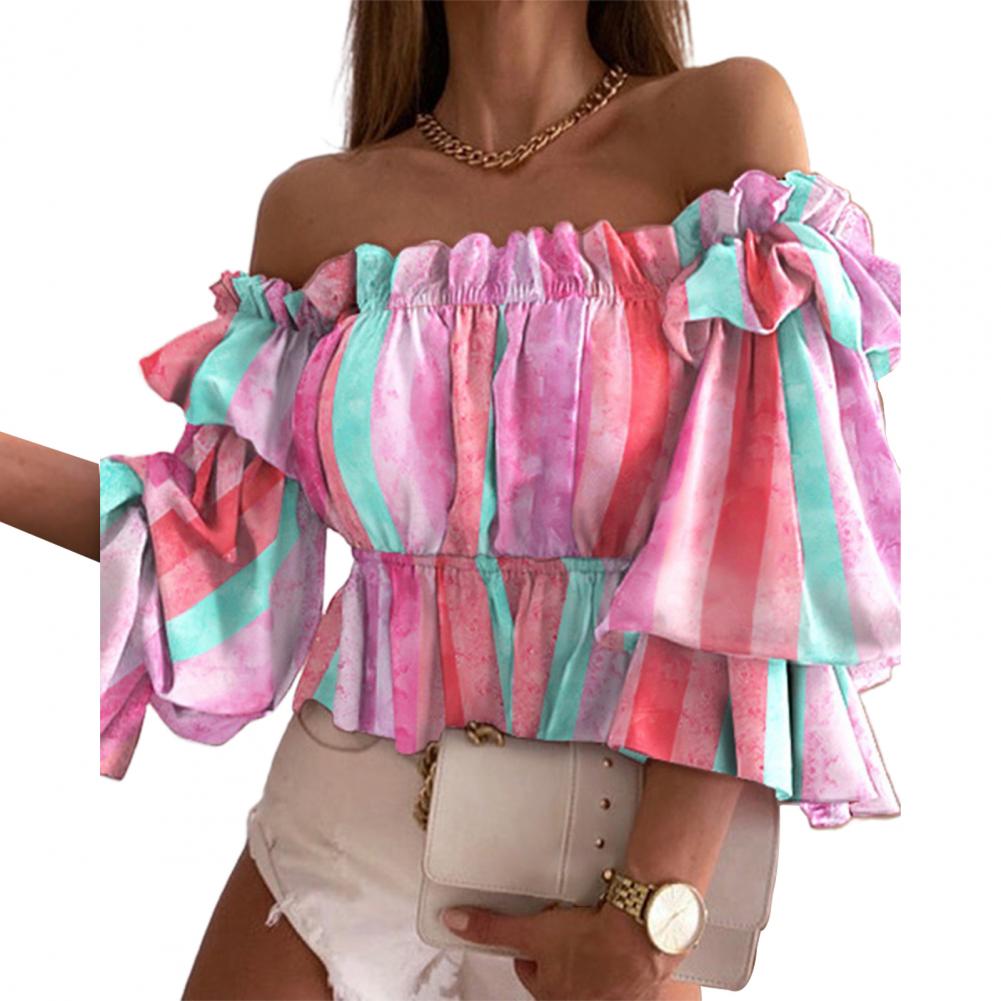Sexet sommertop med flare-ærmer og off-shoulder-fløjlsskjorte med blomsterprint og let skjorte til hverdagsbrug: S / Grøn