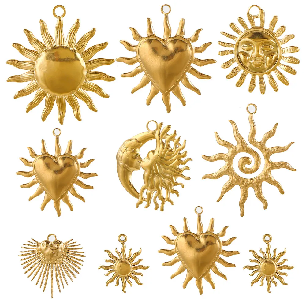 5 uds conectores de dijes de acero inoxidable corazón grande sol chapado en oro DIY collar pendientes joyería de materiales para hacer al por mayor