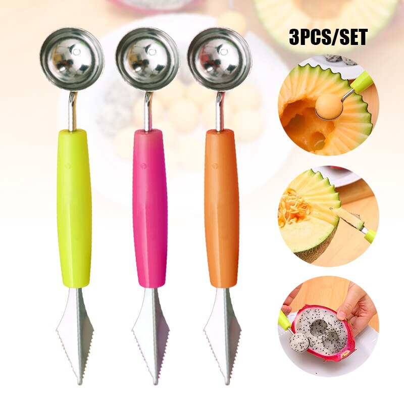 3Pcs Multifunctional Fruit Carving Cutter Stainless Steel Melon Baller Scoop Kitchen Supplies MF: Default Title