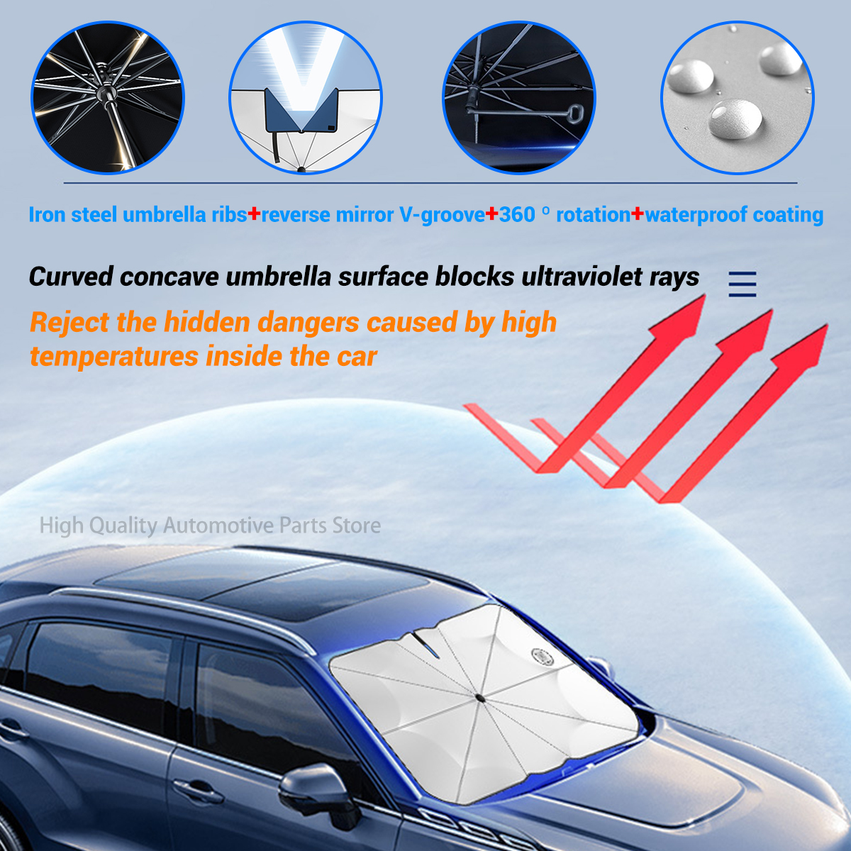 Paraguas para parabrisas de coche con 360 ° Manija plegable de rotación, parasol para ventana delantera, protección UV, accesorios de verano para coche