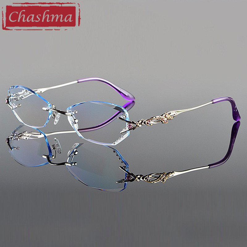 Chashma Luxury Tint Lenses Myopia Glasses Reading Glasses Diamond Cutting Rimless Prescription Glasses for Women: Silver