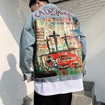 Devil Hand painted printing Mannen Denim Jas Cartoon Graffiti Print Losse Jassen Vintage Hip Hop Leisure Bovenkleding: S