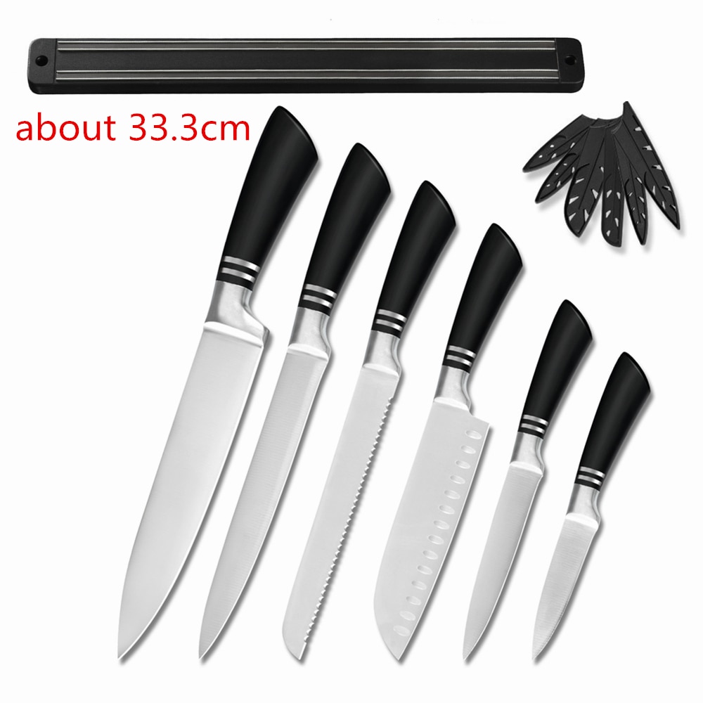 Xyj køkken rustfrit stål 7 stk kokkekniv sæt 8 ' ' skærebrød kok 7 '' santoku 5 ''utility 3.5 '' vægholder til skærekniv: -en
