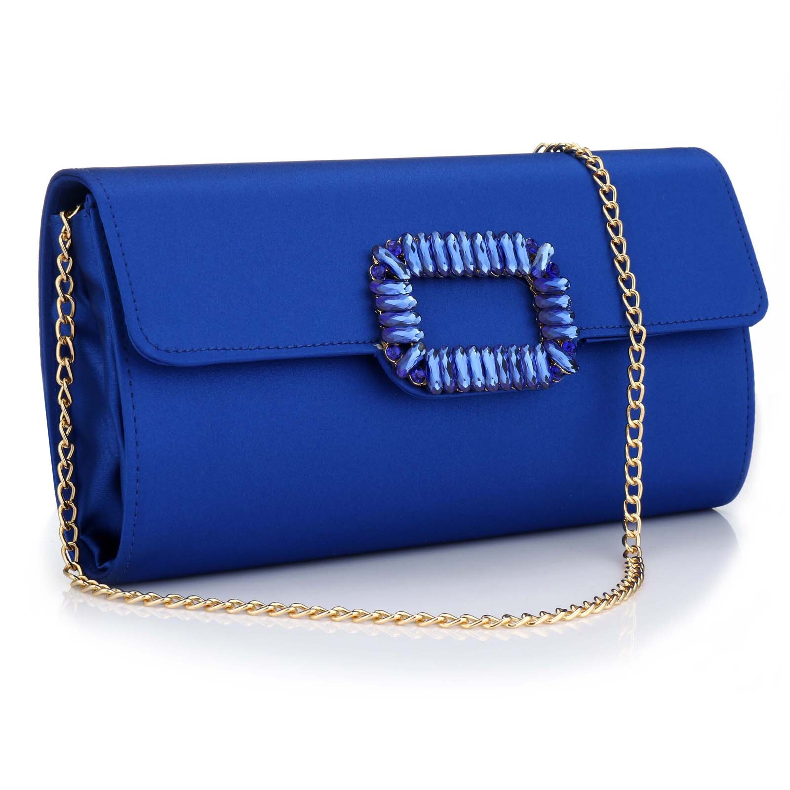 Pochettes de soirée en Polyester satiné pour femmes, sac à main Vintage avec strass de bonne , pochette avec chaîne, sacs à bandoulière pour fête: blue