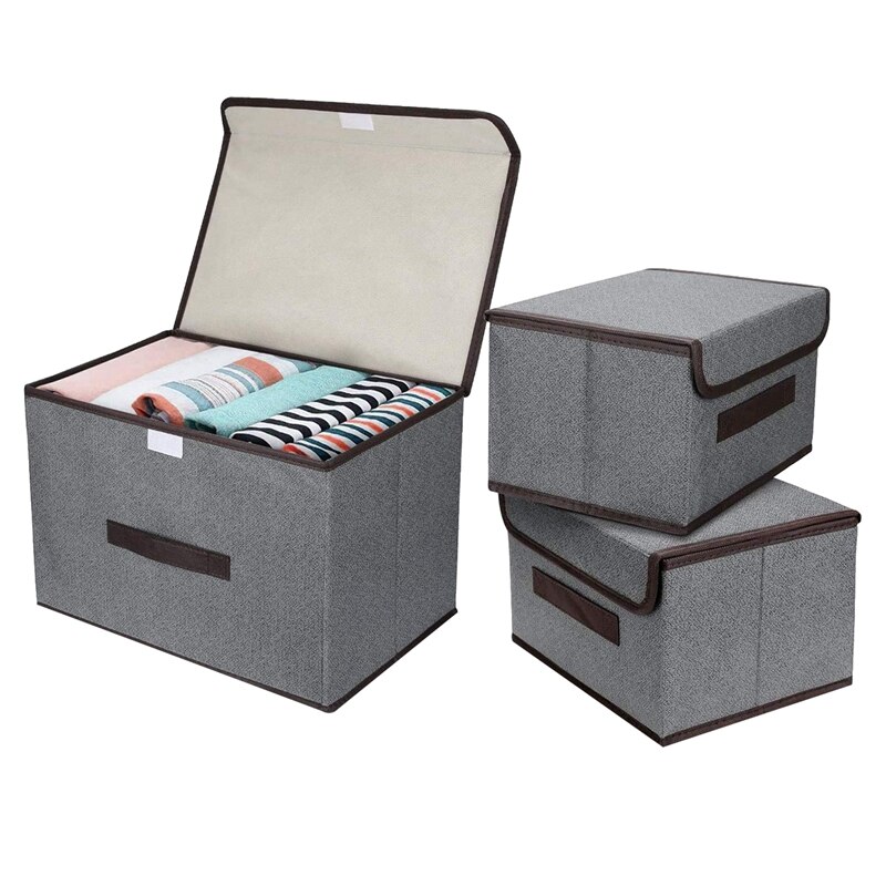 3 Pack Foldable Storage Boxes With Lids,Fabric Storage Basket Organiser For Wardrobe,Closet,Shelf(Gray): Default Title