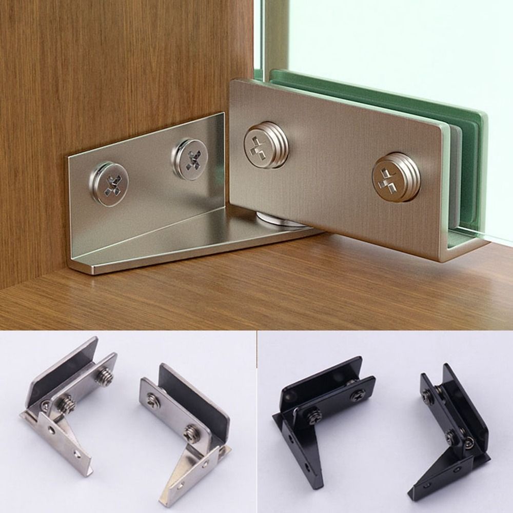 Bisagra de puerta de vidrio sin perforar, 2 piezas, para vitrina, armario de vidrio, montaje lateral, herrajes para muebles de acero inoxidable