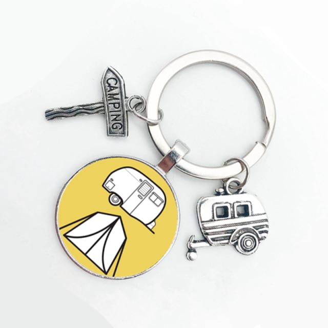 Cute Camper Wagon Keychain, I Love Camping Keychain, Trailer Signpost Keychain, Vacation Travel Memorial: 6