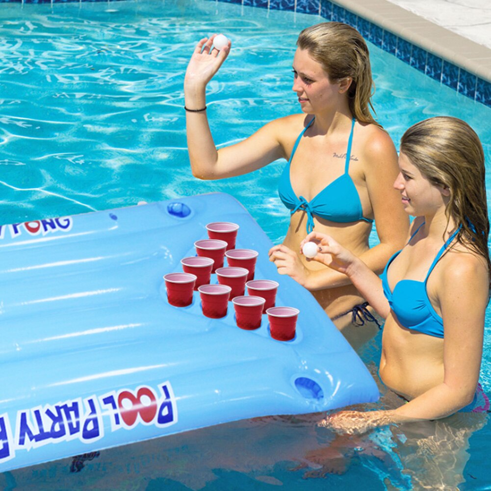 Pvc blå lounge 24 kopholder sjov sommer float vandsport øl pong bord pool luftmadras oppustelig isspand køler