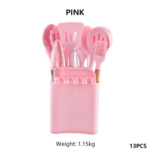 Juego de utensilios de silicona para la cocina, espátulas y palas antiadherentes con mango de madera, instrumentos para cocinar con recipiente de almacenamiento, accesorios para cocinas: Pink