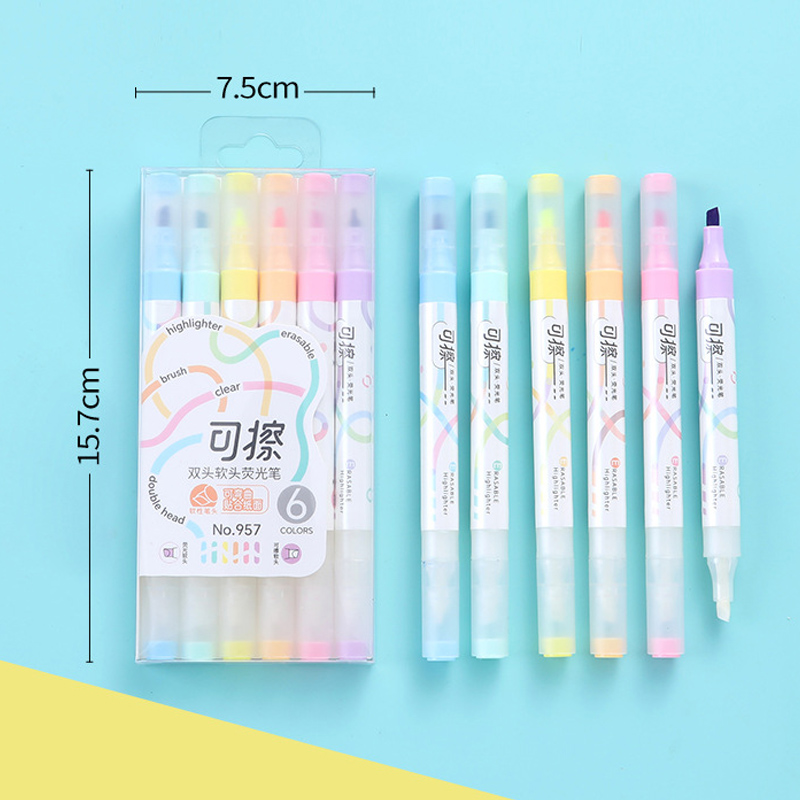 Juego de 6 resaltadores borrables Kawaii de colores, notas de doble cabeza para tomar el forro, marcadores de 4mm de espesor, bolígrafos fluorescentes para notas