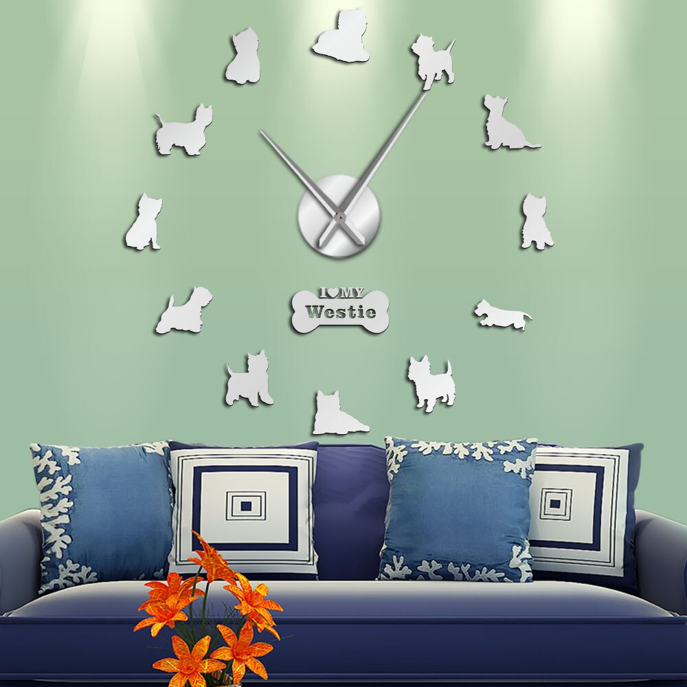 West Highland White Terrier-Reloj de pared gigante, bricolaje, efecto espejo, arte de pared acrílico, perro mascota, amo a mi Westie, reloj de pared de manos largas