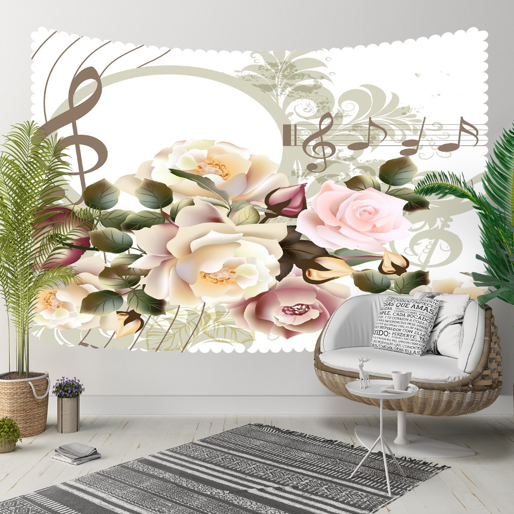 Else Pink Yellow Roses Gray Music Notes Treble Clef 3D Print Decorative Hippi Bohemian Wall Hanging Landscape Tapestry Wall Art