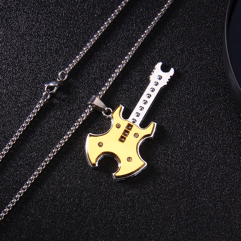 Stainless steel guitar pendant necklace men's trendy punk titanium steel sweater chain accessory jewelry