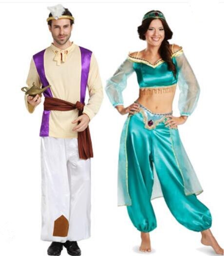 Halloween Aladdin Kostuum Prinses Jasmijn Kostuums Voor Volwassen Mannen Vrouwen Paar Arabische Kleding Koning Van Arabië Maskerade Jurk