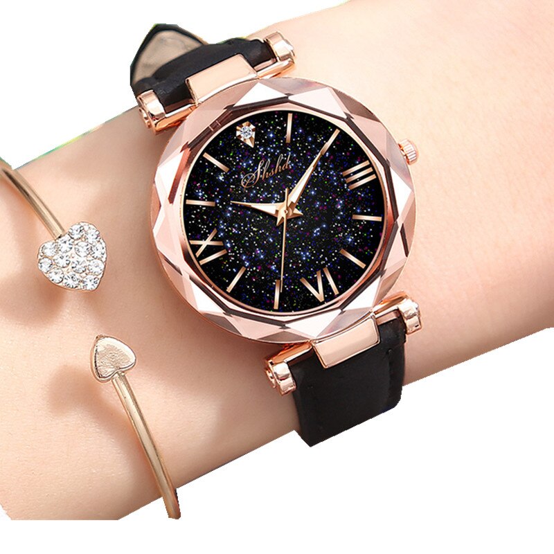 Women Watch Leather Band Ladies Quartz Wrist Watch Starry Sky Round Dial Roman Number Rhinestone Leather Band Watch: Black