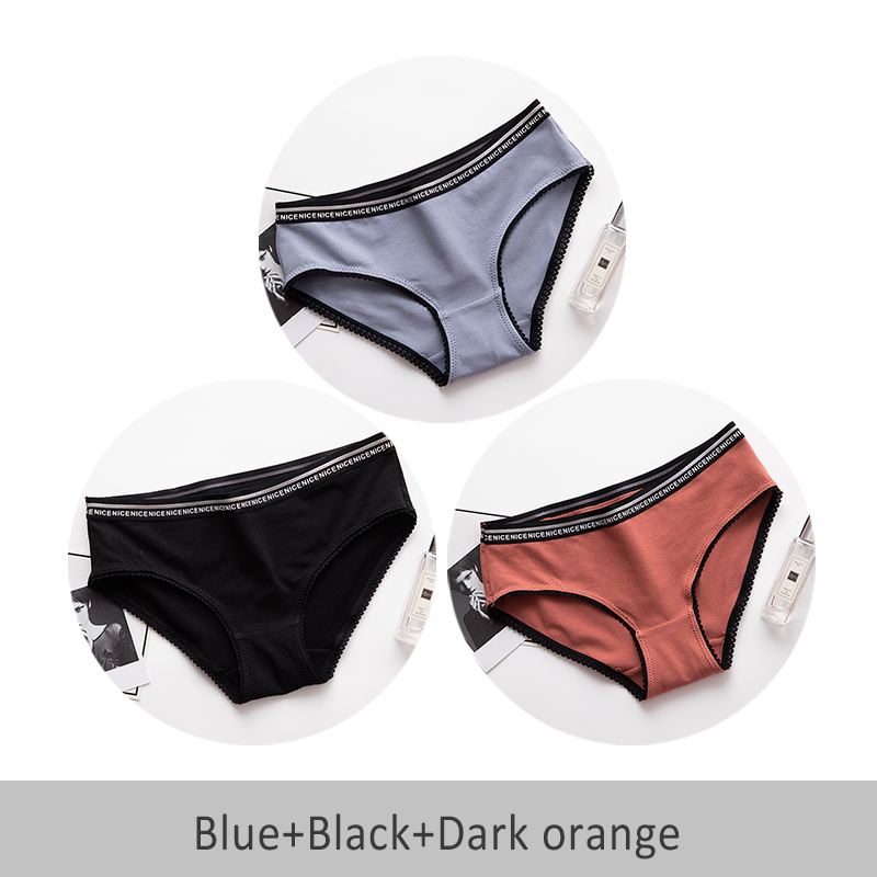 Seamless Sexy Cotton Woman Panties Solid Color Breathable Mid Waist Underwear Girl DULASI 3pcs: Blue Black D Orange / M