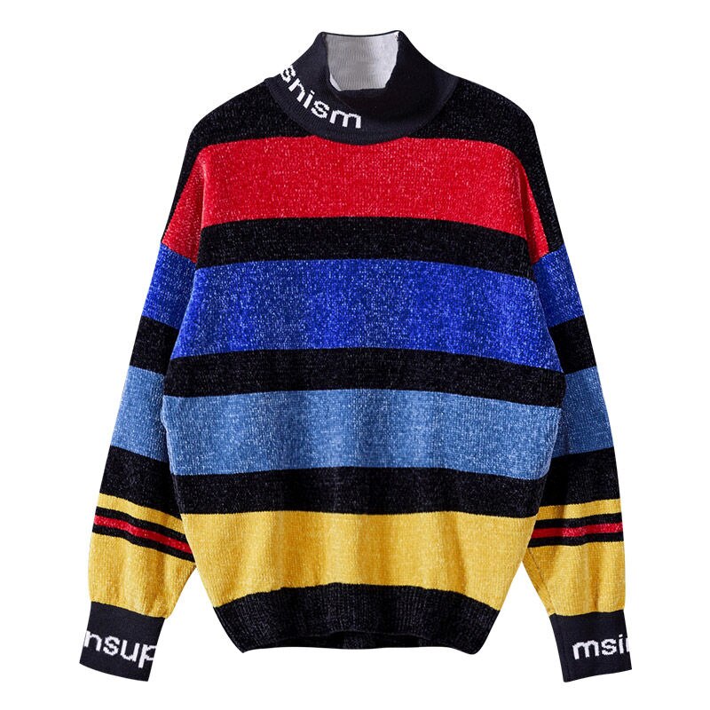 Preppy stil stribet kontrastfarve herre sweatere brev afslappet løs turtleneck mænd strikkede trøjer sweater