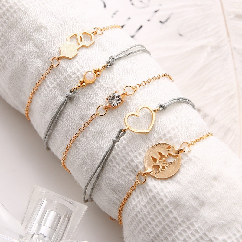 New New Rope Chains Jewelry Gift Trendy Hollowing Geometric Hexagon Opal Love Heart Disc Map Zircon Bracelets Female 5 Pcs/set