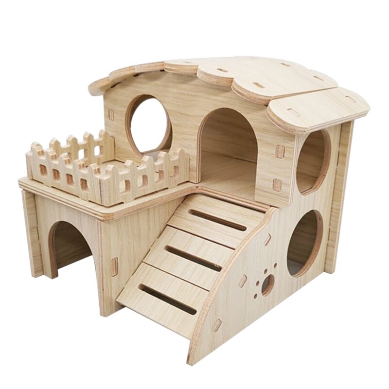 J2FB Hamster Wooden Hideout House Pet Rats Climbing Play Hut Villa Hideaway Room for Dwarf Gerbil Small Animals