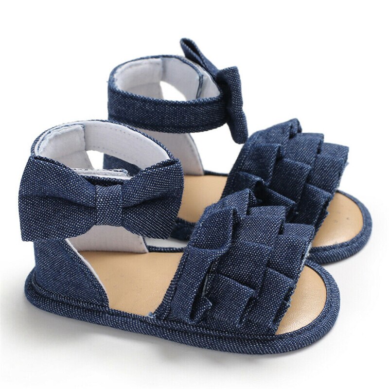 Nova moda infantil do bebê menina sandálias sola macia da criança sapatos de verão plissados babados meninas arco-nó sandália: Azul / 13