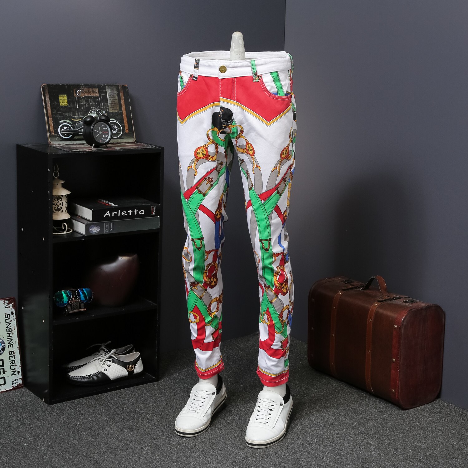 Homme jean pantalon stil digital printing bukser herre slim blomsterbukser elastisk små føtter fritidsbukser jeans hombre: 29