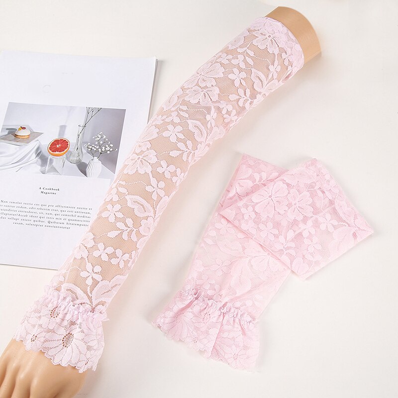 Protector solar de encaje para mujer, manoplas de manga de brazo, cubierta de brazo de clásica, protección UV, puños de brazo de hielo, guantes de conducción sin dedos: Rosa