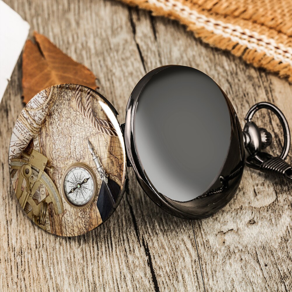 Reloj de bolsillo antiguo Nostalgia, brújula, patrón de mapa, números arábigos precisos, esfera lisa, cubierta Unisex, cadena gruesa, collar, Relojes