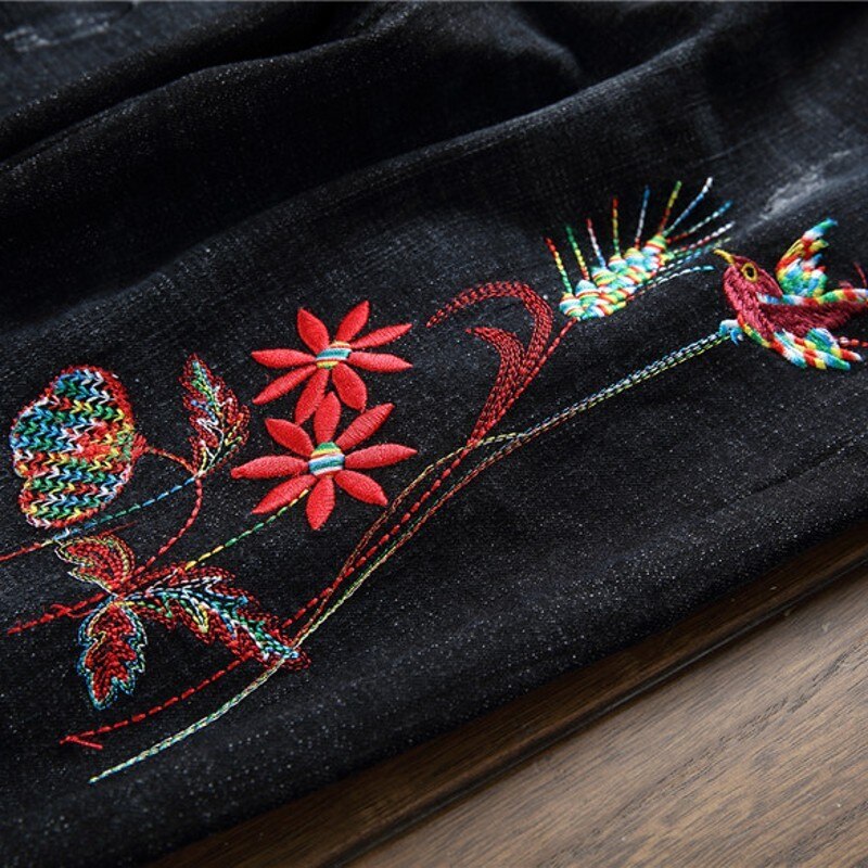 nouvelle noir broderie fleur maigre jean hommes Vintage déchiré fermeture éclair mendiant pantalon classique Denim Biker pantalon