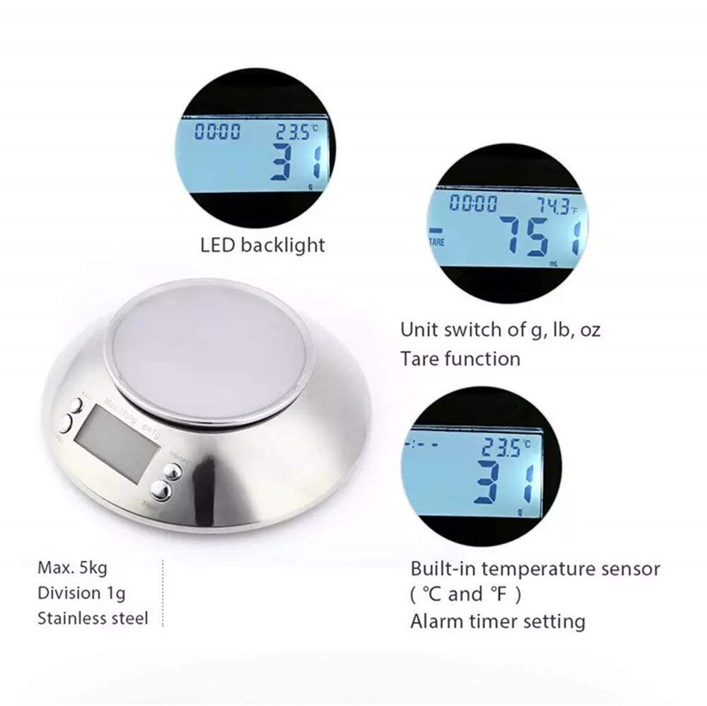 Digital Kitchen Scale Multifunction Food Scale with Removable Bowl Liquid Volume Room Temperature and Timer 5kg/1g