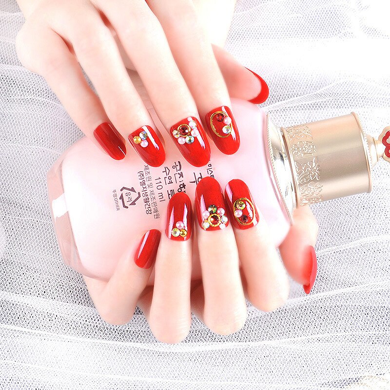 24 Stks/set Nep Nagels Druk Op Meisjes Vinger Schoonheid Valse Nail Art Tips Bright Shining 3D Diamond Inzoomen Franse nail Art Tips
