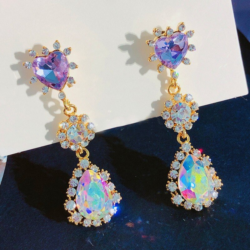 Mengjiqiao koreansk tv-stjerne skinnende lilla hjerte vanddråbe krystaløreringe til kvinder fest luksus pendientes smykker