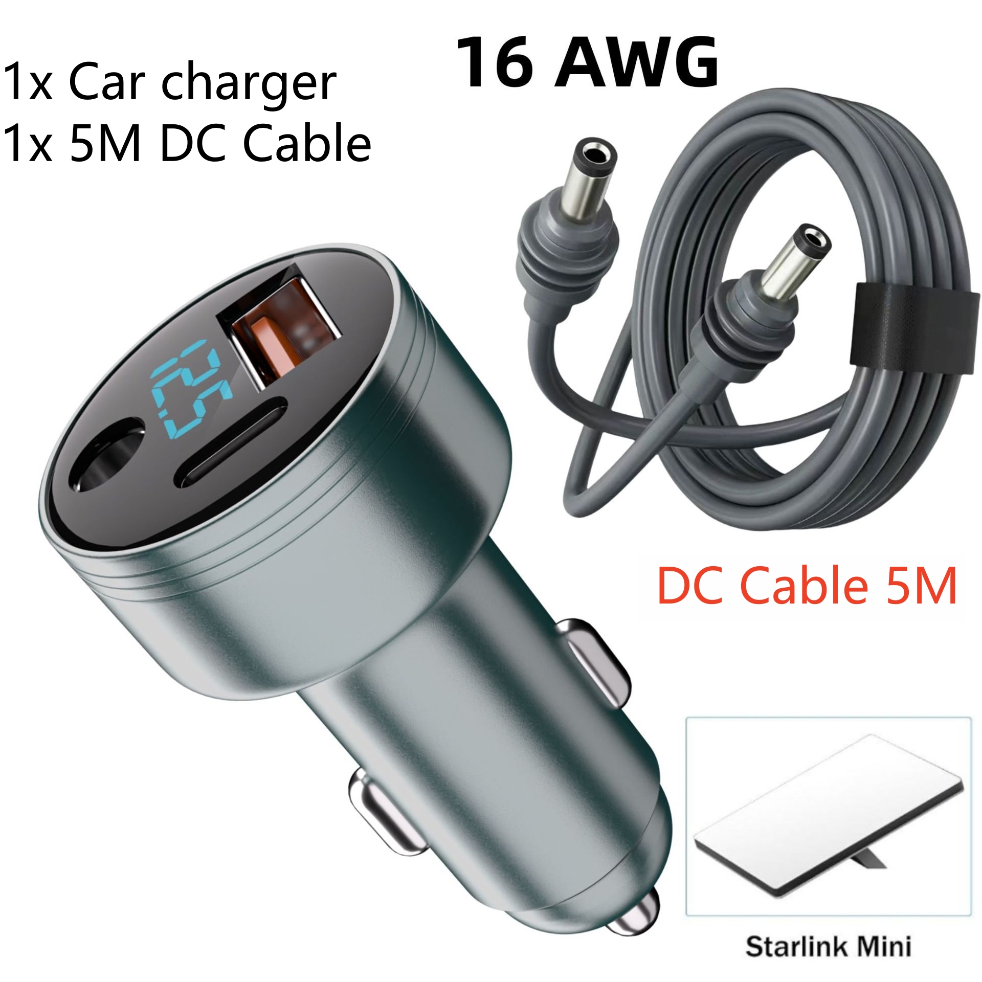 Starlink mini carregador de carro digital carregador de bordo com dc 5521 USB-C qc 3.0 3 portas suporte pd carga rápida com cabo dc 16awg: CINZA