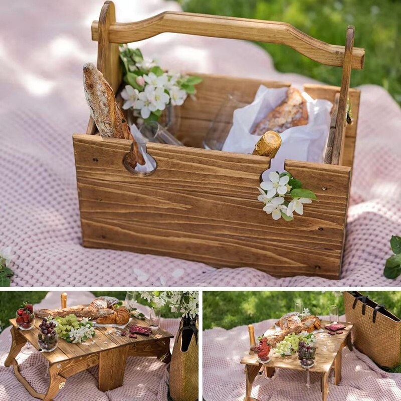 Holz Im Freien Klapptisch Strand Camping Picknick Korb Tisch Im Freien Picknick Tisch Obst Snack Korb Picknick Lagerung Korb✈✈✈