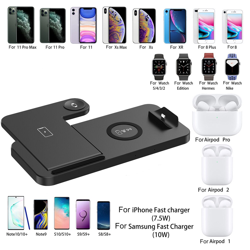 Estación de carga inalámbrica 4 en 1 para Apple Watch 6, 5, 4, iWatch, soporte de carga para iPhone 12, 11, XS, X, 8, Airpods Pro