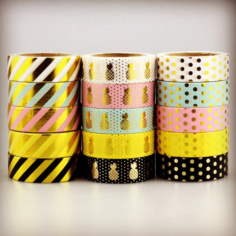 10m Foil Washi Tape Pineapple Stripe Dot Set Japanese Stationery Kawaii Stickers Scrapbooking Tools Masking Tape Diy Photo Album