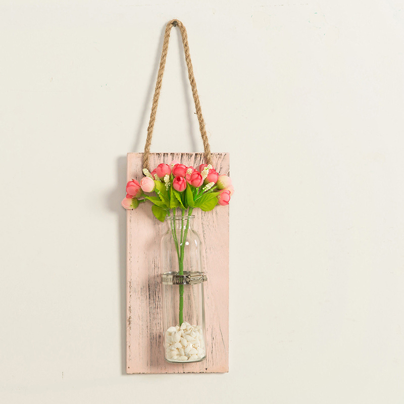 Väggmonterad dekoration innovativ blomma vas hylla hängande träplatta blommor kruka hänga för väggdekoration trädgård: Rosa
