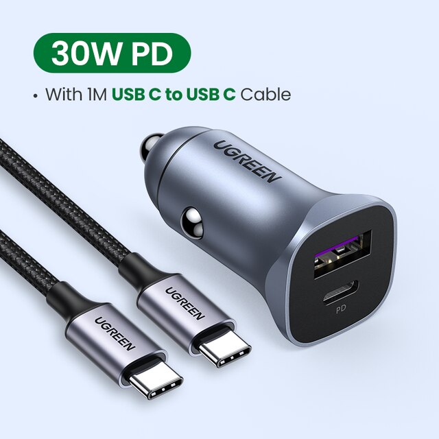 UGREEN 30W ładowarka samochodowa podwójny Port QC 4.0 3.0 szybkie ładowanie dla iPhone 13 12 Xiaomi Huawei Samsung Supercharge typ C ładowarka: Add 1M C-C Charger