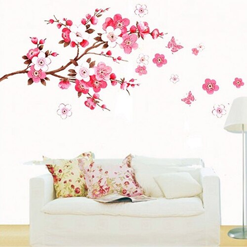 Pink Cherry Blossom Flower Wall Stickers Decals Romantic Flower Mural Vinyl Wallpaper Home Living Room Bedroom Decor