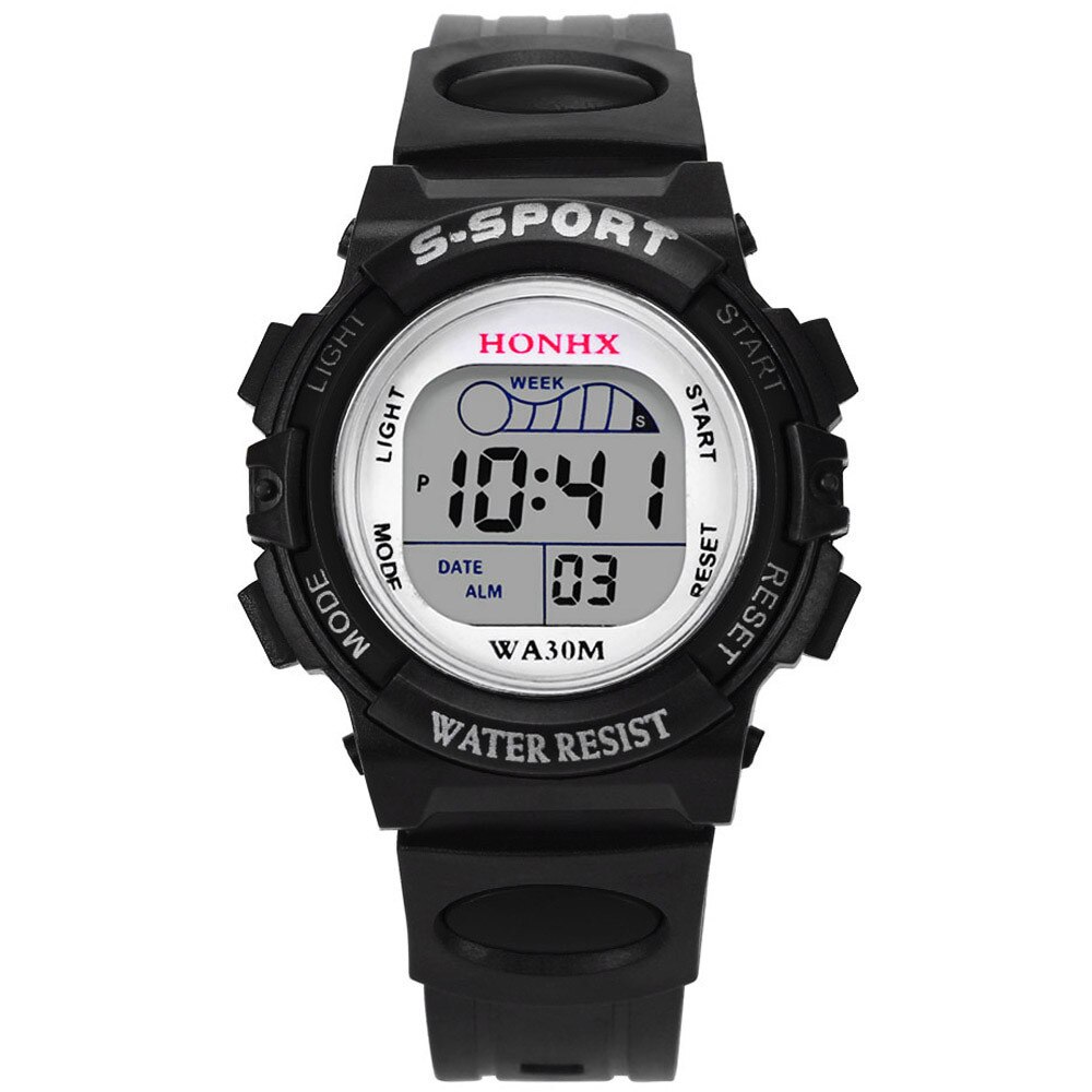 Watch Waterproof Children Boys Digital LED Sports Watch Kids Alarm Date Watch Casual Electronic Simplicity Round Watch: Black