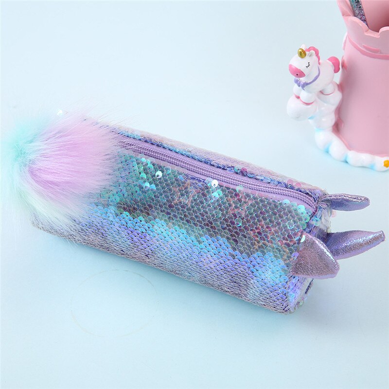 Leuke Eenhoorn School Etui Voor Meisjes Jongens Pencilcase Sequin Pen Doos Grote Cartridge Grote Penvakje Tas Briefpapier Levert Kit: Paars